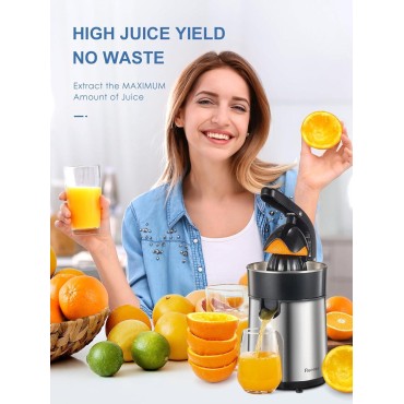 Electric Citrus Juicer Squeezer, Orange Juicer with Two Interchangeable Cones, Suitable for orange, lemon and Grapefruit, Brushed Stainless Steel, Easy to Clean and Use (Black+Silver)