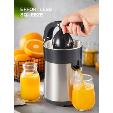 Electric Citrus Juicer Squeezer, Orange Juicer with Two Interchangeable Cones, Suitable for orange, lemon and Grapefruit, Brushed Stainless Steel, Easy to Clean and Use (Black+Silver)