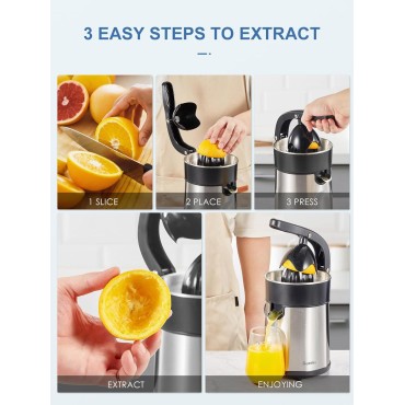 Electric Citrus Juicer Squeezer, Orange Juicer with Two Interchangeable Cones, Suitable for orange, lemon and Grapefruit, Brushed Stainless Steel, Easy to Clean and Use (Black+Silver)