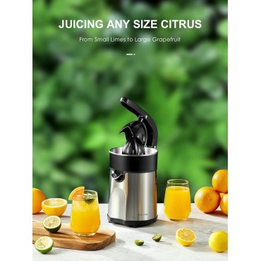 Electric Citrus Juicer Squeezer, Orange Juicer with Two Interchangeable Cones, Suitable for orange, lemon and Grapefruit, Brushed Stainless Steel, Easy to Clean and Use (Black+Silver)