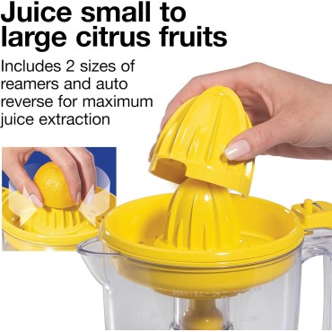 Proctor Silex Alex's Lemonade Stand Electric Citrus Juicer Machine and Squeezer, for Lemons, Limes and Oranges, 34 oz, Includes 2 Reamers & Recipe Book, Yellow (66341)