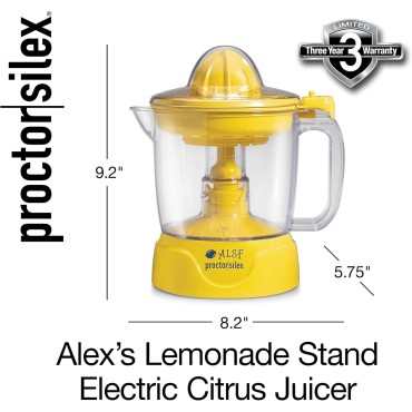 Proctor Silex Alex's Lemonade Stand Electric Citrus Juicer Machine and Squeezer, for Lemons, Limes and Oranges, 34 oz, Includes 2 Reamers & Recipe Book, Yellow (66341)