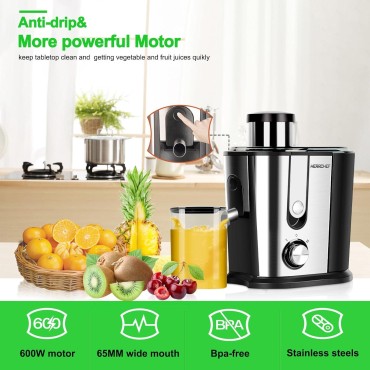 Juicer Machines, 600W Juicer with 3'' Wide Mouth for Vegetable and Fruit, Stainless Steel Centrifugal Juice Extractor Easy to Clean, Anti-drip, BPA-Free