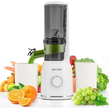 Secura Slow Juicer with Stainless Steel Prong Spiral Auger & Mesh Free Filter, Cold Press Juicer, Masticating Juicer Machines with Quiet Motor & Reverse Function for Vegetables and Fruits, White