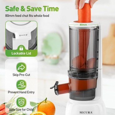 Secura Slow Juicer with Stainless Steel Prong Spiral Auger & Mesh Free Filter, Cold Press Juicer, Masticating Juicer Machines with Quiet Motor & Reverse Function for Vegetables and Fruits, White