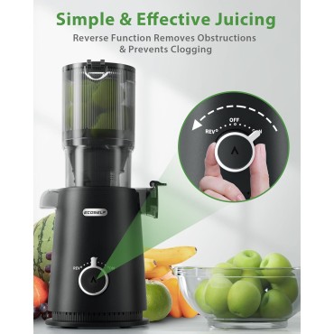 Juicer Machines, ECOSELF Cold Press Juicer with 4.35 Large Feed Chute Fit Whole Fruits and Vegetables, Easy to Clean, Masticating Juicer Self Feeding Effortless for Batch Juicing, High Juice Yield