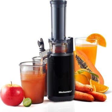 Elite Gourmet Masticating Juicer Machines, 12-inch Juicer, Masticating Cold Press Juicer Machines, Juicer for Vegetables and Fruits, Easy to Clean Juicer, Charcoal Grey