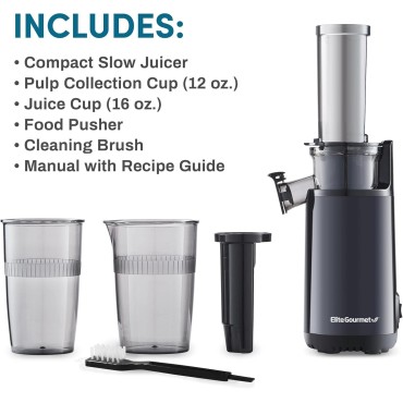 Elite Gourmet Masticating Juicer Machines, 12-inch Juicer, Masticating Cold Press Juicer Machines, Juicer for Vegetables and Fruits, Easy to Clean Juicer, Charcoal Grey