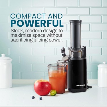 Elite Gourmet Masticating Juicer Machines, 12-inch Juicer, Masticating Cold Press Juicer Machines, Juicer for Vegetables and Fruits, Easy to Clean Juicer, Charcoal Grey