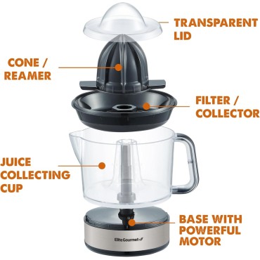 Elite Gourmet ETS623 BPA-Free Electric Citrus Juicer, Compact, Large Volume, Pulp Control, Oranges, Lemons, Limes, Grapefruits with Easy Pour Spout, 24oz, Black/Stainless Steel