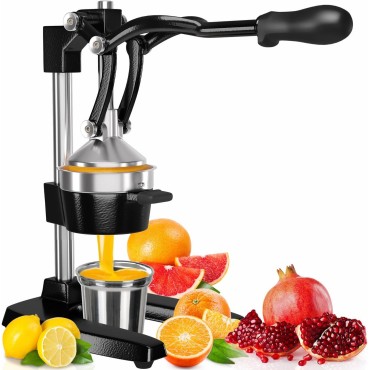 Eurolux Cast Iron Citrus Juicer | Extra-Large Commercial Grade Manual Hand Press | Heavy Duty Countertop Squeezer for Fresh Orange Juice (Bonus Stainless Steel Cup) (Black)