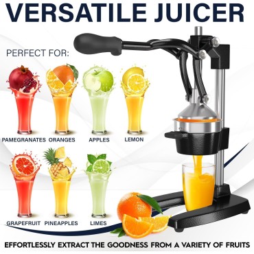 Eurolux Cast Iron Citrus Juicer | Extra-Large Commercial Grade Manual Hand Press | Heavy Duty Countertop Squeezer for Fresh Orange Juice (Bonus Stainless Steel Cup) (Black)