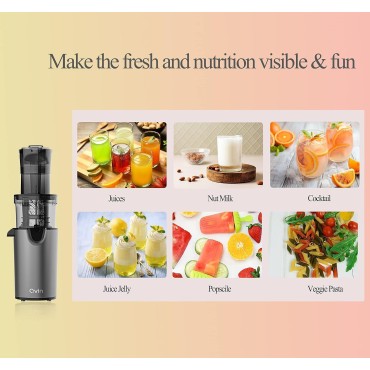 Masticating Juicer with 3.1 Inch Large Feed Chute, Slow Cold Press Technology for Maximum Nutrition - Easy to Clean, High Yield Juice Machine, Dark Gray