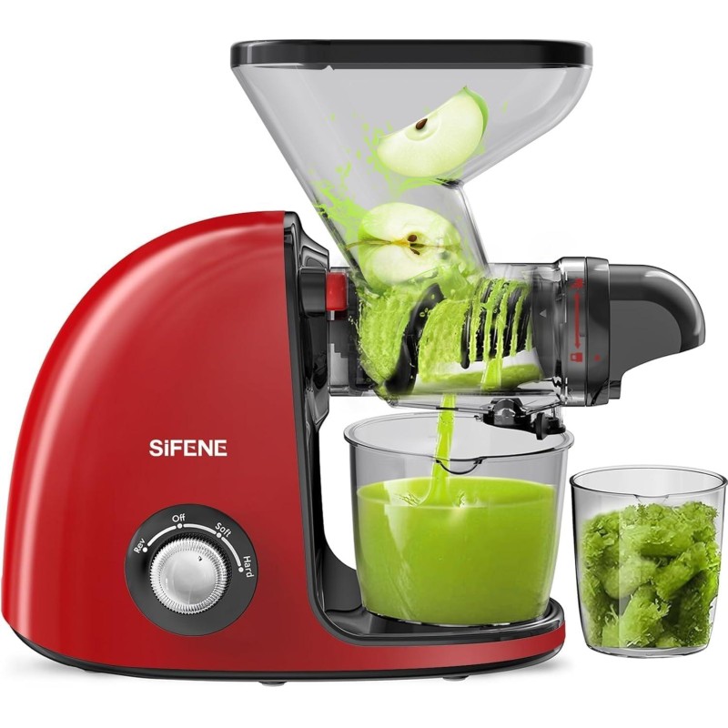 SiFENE Slow Masticating Cold Press Juicer Machines for Fruit & Vegetable, Juice Yield Maker Extractor with Dual Mouth, Quiet Motor & Anti-Clog System, Easy to Clean, Non-BPA, Red