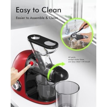 SiFENE Slow Masticating Cold Press Juicer Machines for Fruit & Vegetable, Juice Yield Maker Extractor with Dual Mouth, Quiet Motor & Anti-Clog System, Easy to Clean, Non-BPA, Red