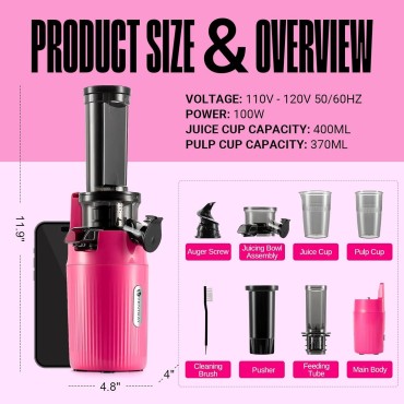 Ventray Ginnie Cold Press Juicer Machines, Compact Small Slow Masticating Juicer with High Juice Yield for Vegetables Fruits, Easy to Clean, Nutrient Vitamin Dense, Eco-Friendly Packaging - Pink