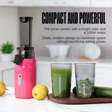 Ventray Ginnie Cold Press Juicer Machines, Compact Small Slow Masticating Juicer with High Juice Yield for Vegetables Fruits, Easy to Clean, Nutrient Vitamin Dense, Eco-Friendly Packaging - Pink