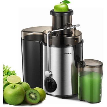 Juicer Machine, HOUSNAT Centrifugal Juicer 400 W Motor, 65MM Wide Chute for Whole Fruit and Vegetables, Juice Extractor with 3 Speeds, Upgraded Version Quick Juicing, Easy to Clean, BPA Free, Silver