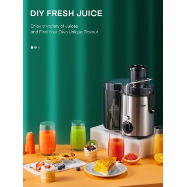 Juicer Machine, HOUSNAT Centrifugal Juicer 400 W Motor, 65MM Wide Chute for Whole Fruit and Vegetables, Juice Extractor with 3 Speeds, Upgraded Version Quick Juicing, Easy to Clean, BPA Free, Silver