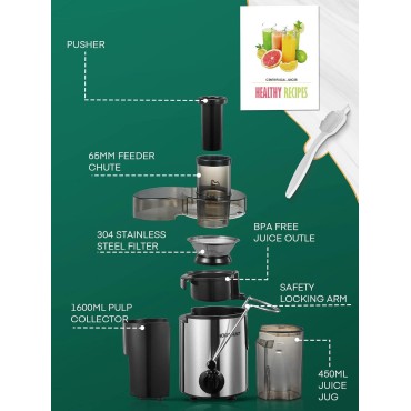 Juicer Machine, HOUSNAT Centrifugal Juicer 400 W Motor, 65MM Wide Chute for Whole Fruit and Vegetables, Juice Extractor with 3 Speeds, Upgraded Version Quick Juicing, Easy to Clean, BPA Free, Silver