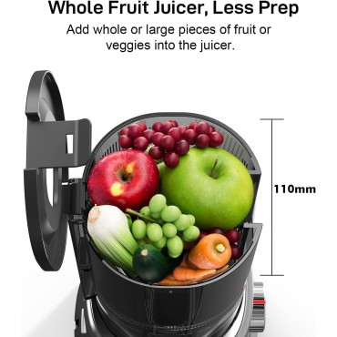 Whole Fruits Cold Press Juicer Machines, 4.3-inch (110mm) Powerful Wide Mouth Slow Masticating Juicer with Large Feed Chute for Vegetables and Fruits, Easy to Clean (Gray)