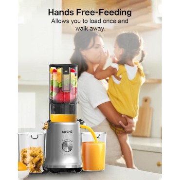 Whole Fruits Cold Press Juicer Machines, 4.3-inch (110mm) Powerful Wide Mouth Slow Masticating Juicer with Large Feed Chute for Vegetables and Fruits, Easy to Clean (Gray)