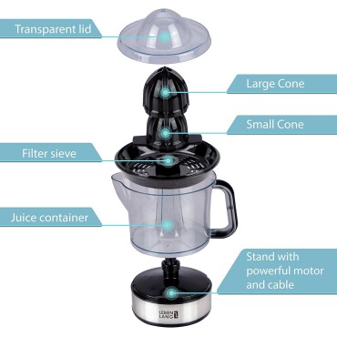 – Electric juicer max juice yield | Citrus juicer + 2 cones 40W | Lemon, lime, orange, fresh fruit squeezer machine | Automatic lever press extractor | exprimidor de naranjas electrico