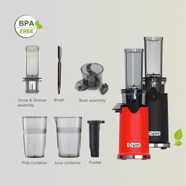 Cold Press Juicer Machine,Compact Design with Powerful Motor,Masticating Slow Juicer Machine with Juice and Pulp Cup, Juicer machines Vegetable and Fruit, Nut milk maker Red & Stainless Steel