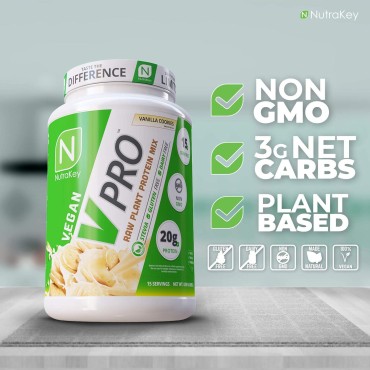 NutraKey V-Pro, Raw Plant Protein Powder, Organic, Vegan, Low Carb, Gluten Free with with 20g of Protein (Vanilla Cookie) 1.78-Pound.