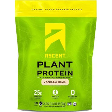 Ascent Plant Based Protein Powder - Non Dairy Vegan Protein, Zero Artificial Ingredients, Soy & Gluten Free, No Added Sugar, 4g BCAA, 2g Leucine - Vanilla, 20 Servings