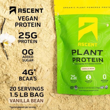 Ascent Plant Based Protein Powder - Non Dairy Vegan Protein, Zero Artificial Ingredients, Soy & Gluten Free, No Added Sugar, 4g BCAA, 2g Leucine - Vanilla, 20 Servings