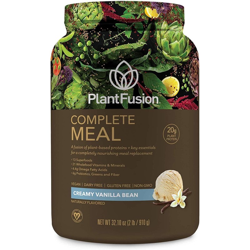 PlantFusion Complete Meal Replacement Shake - Plant Based Protein Powder with Superfoods, Greens & Probiotics - Vegan, Gluten Free, Soy Free, Non-Dairy, No Sugar, Non-GMO - Vanilla 2 lb