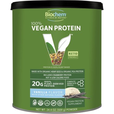 Biochem Country Life Vegan Protein Powder, 20g Pure Plant-Based Protein per Serving, Organic Pea, Hemp & Cranberry, Soy-Free, Gluten-Free, Vanilla, 1.5 lb