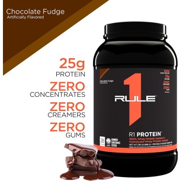 Rule One Proteins R1 Protein - 25g Fast-Acting, Super-Pure 100% Isolate and Hydrolysate Protein Powder with 6g BCAAs (2 Pounds*, Chocolate Fudge)