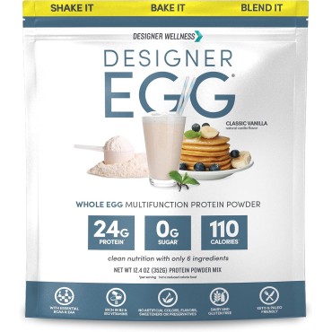 Designer Wellness, Designer Egg, Natural Egg Yolk & Egg White Protein Powder, Keto and Paleo Friendly, Low Calorie, Less Fat and Cholesterol, Classic Vanilla, 12.4 Ounce