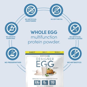 Designer Wellness, Designer Egg, Natural Egg Yolk & Egg White Protein Powder, Keto and Paleo Friendly, Low Calorie, Less Fat and Cholesterol, Classic Vanilla, 12.4 Ounce