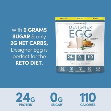 Designer Wellness, Designer Egg, Natural Egg Yolk & Egg White Protein Powder, Keto and Paleo Friendly, Low Calorie, Less Fat and Cholesterol, Classic Vanilla, 12.4 Ounce