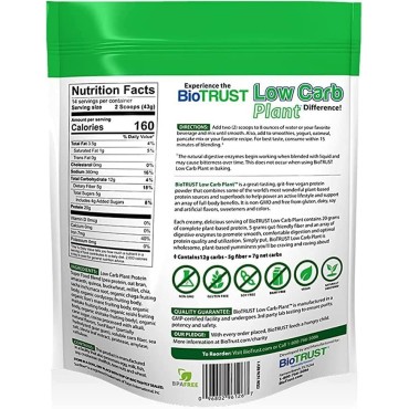 BioTrust Low Carb Plant, Delicious, Creamy, 20 Grams of Clean, Complete, Plant-Based Protein, 5 Grams Fiber, 15 Superfoods, Digestive Enzymes, Vegan, Dairy-Free - 14 Servings (Chocolate)