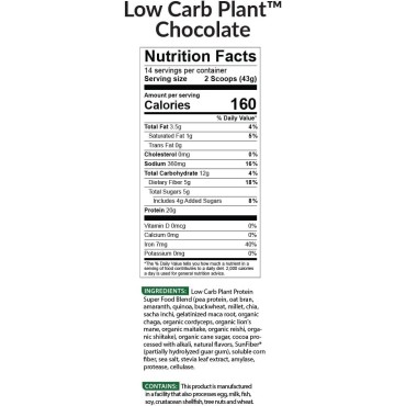 BioTrust Low Carb Plant, Delicious, Creamy, 20 Grams of Clean, Complete, Plant-Based Protein, 5 Grams Fiber, 15 Superfoods, Digestive Enzymes, Vegan, Dairy-Free - 14 Servings (Chocolate)