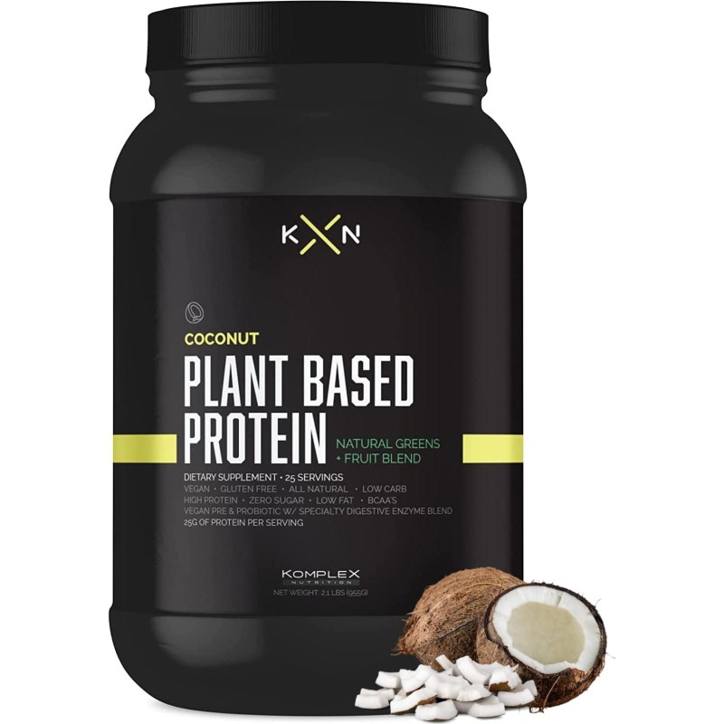 KompleX Nutrition Plant Based Protein Powder (25 Servings) - Coconut Flavored Natural, Vegan, Zero Sugar, Low Fat, Non GMO Dietary Supplement Made from 29 Natural Greens & Fruits