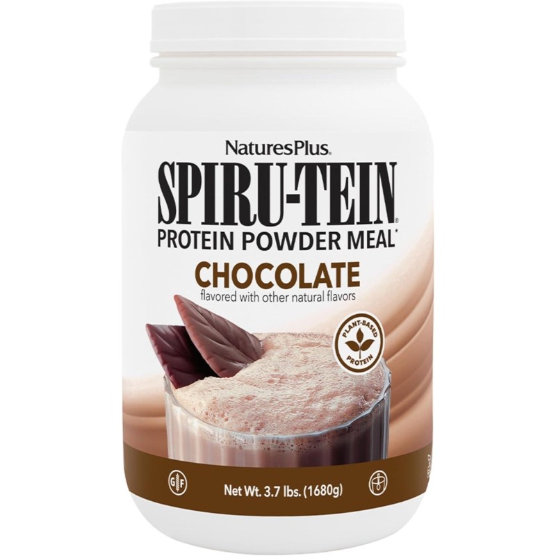 Natures Plus SPIRU-TEIN, Chocolate - 3.7 lbs - Plant-Based Protein Shake - Non-GMO, Vegetarian, Gluten Free - 60 Servings