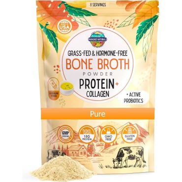 100% Grass-Fed Organic Beef Bone Broth Protein Powder, Active Probiotics, Collagen Peptide Rich, 15g Protein, Non-GMO, Low Sodium, Healthy Skin, Gut Health, Paleo Keto, No Gluten