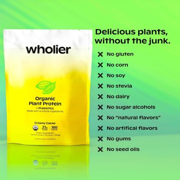 wholier Organic Plant Protein + Prebiotics. 21g of Vegan Protein. 5g of Fiber. Psyllium Husk + Green Banana for Digestion. No Natural Flavors, Gums or Fillers. Creamy Cacao