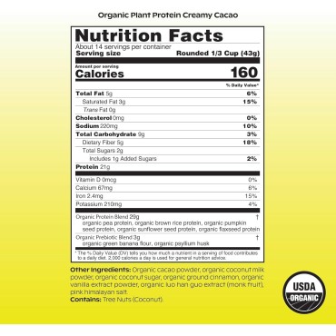 wholier Organic Plant Protein + Prebiotics. 21g of Vegan Protein. 5g of Fiber. Psyllium Husk + Green Banana for Digestion. No Natural Flavors, Gums or Fillers. Creamy Cacao