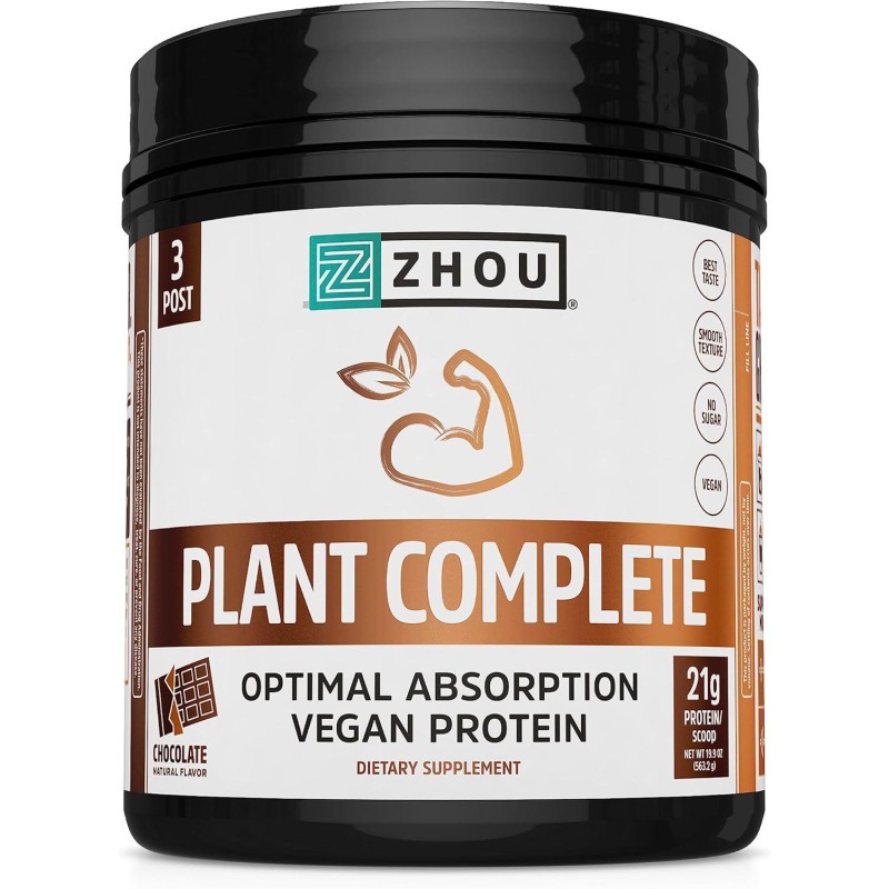 Zhou Nutrition Plant Based Vegan Protein Powder, Best Absorption Digest Score, Complete Amino Acid Profile, Dairy Free, Soy Free, Gluten Free, Sugar Free, Chocolate, 21g Protein, 16 Servings