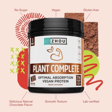 Zhou Nutrition Plant Based Vegan Protein Powder, Best Absorption Digest Score, Complete Amino Acid Profile, Dairy Free, Soy Free, Gluten Free, Sugar Free, Chocolate, 21g Protein, 16 Servings