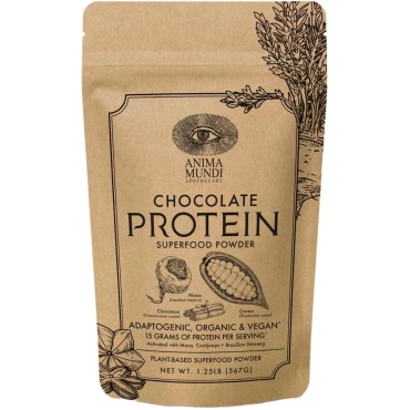 Anima Mundi Chocolate Protein Superfood Powder - Organic Vegan Protein Powder - Nutrient-Dense Chocolate Plant Based Protein Blend with Adaptogens for Energy & Strength (567g)