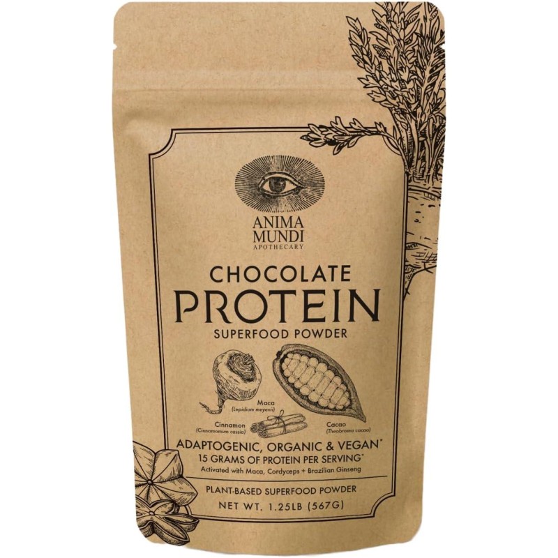 Anima Mundi Chocolate Protein Superfood Powder - Organic Vegan Protein Powder - Nutrient-Dense Chocolate Plant Based Protein Blend with Adaptogens for Energy & Strength (567g)