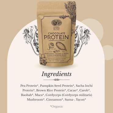 Anima Mundi Chocolate Protein Superfood Powder - Organic Vegan Protein Powder - Nutrient-Dense Chocolate Plant Based Protein Blend with Adaptogens for Energy & Strength (567g)