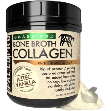 PaleoPro Bone Broth Collagen w/Turmeric Root (Aztec Vanilla) Grass-Fed & Pastured Beef Collagen | Gluten Free, Dairy Free, No Sugar, Soy, Grains or Net Carbs |Paleo & Keto Friendly (20 Servings)